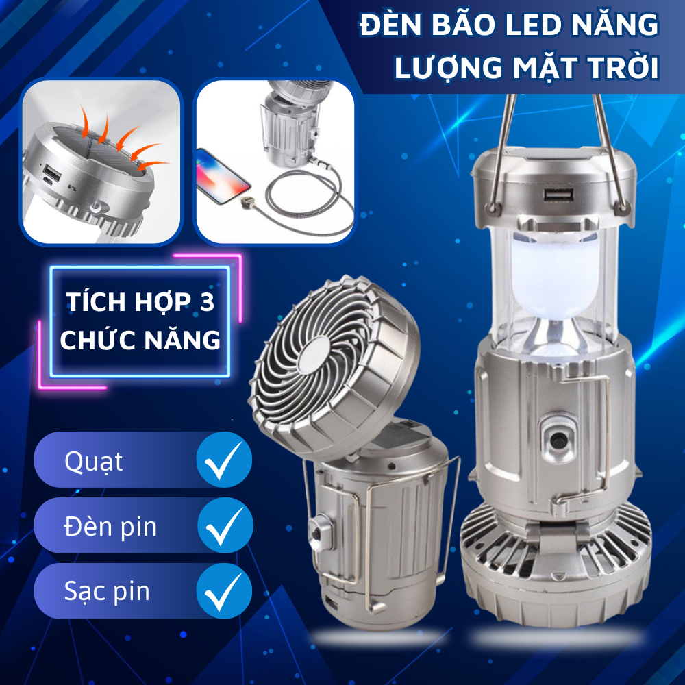 Đèn bão led năng lượng mặt trời đa năng 3 trong 1 tích hợp quạt, đèn pin, sạc điện thoại tiện lợi - đèn năng lượng mặt trời kèm quạt