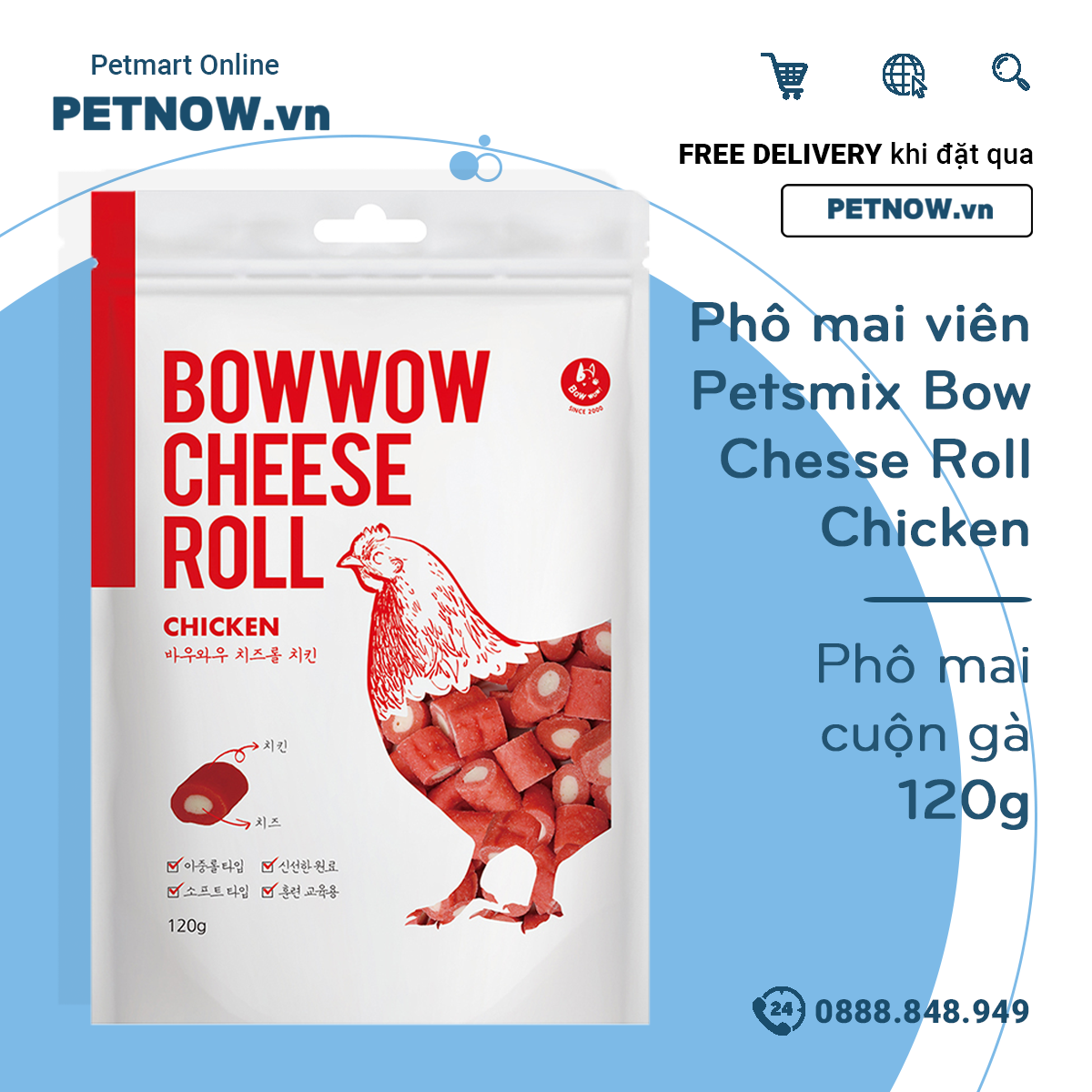 Phô mai viên petsmix bow chesse roll chicken 120g - phô mai cuộn gà petnow.vn