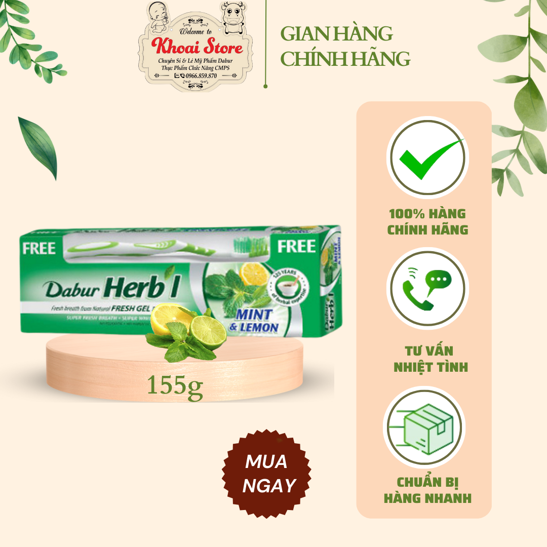 Kem Đánh Răng Dabur Herb’l Hơi thở thơm mát - Chanh bạc hà 150g