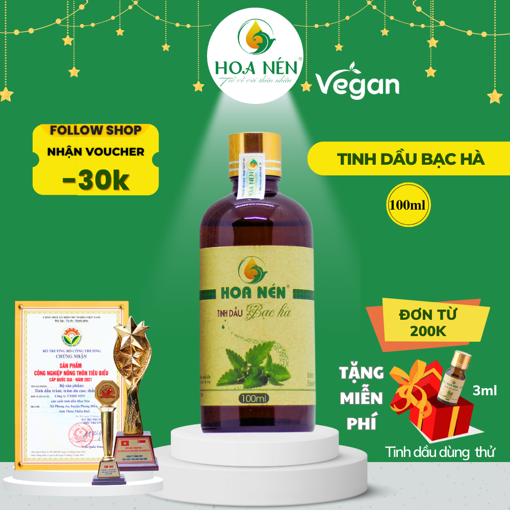 Chính hãng- tinh dầu bạc hà nguyên chất 100ml - hoa nén - giảm hơi thở có mùi, nhức đầu.