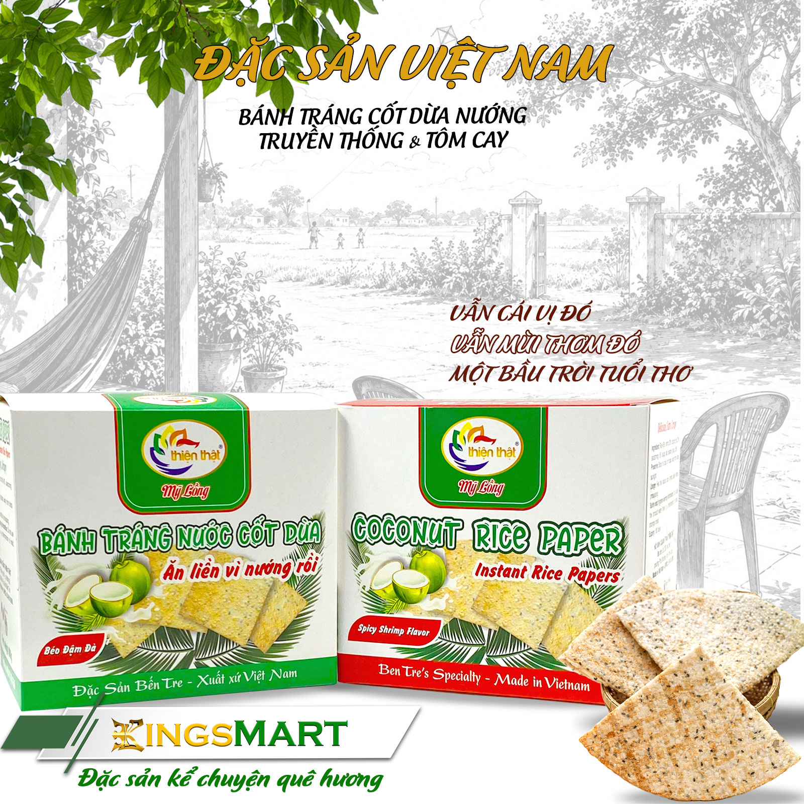 [Vị xưa] Bánh tráng nướng nước cốt dừa vị tôm cay - Cay Cay Giòn Rụm - Đặc sản Mỹ Lồng Bến Tre - Hộp150g - 3 túi 50g - Kingsmart