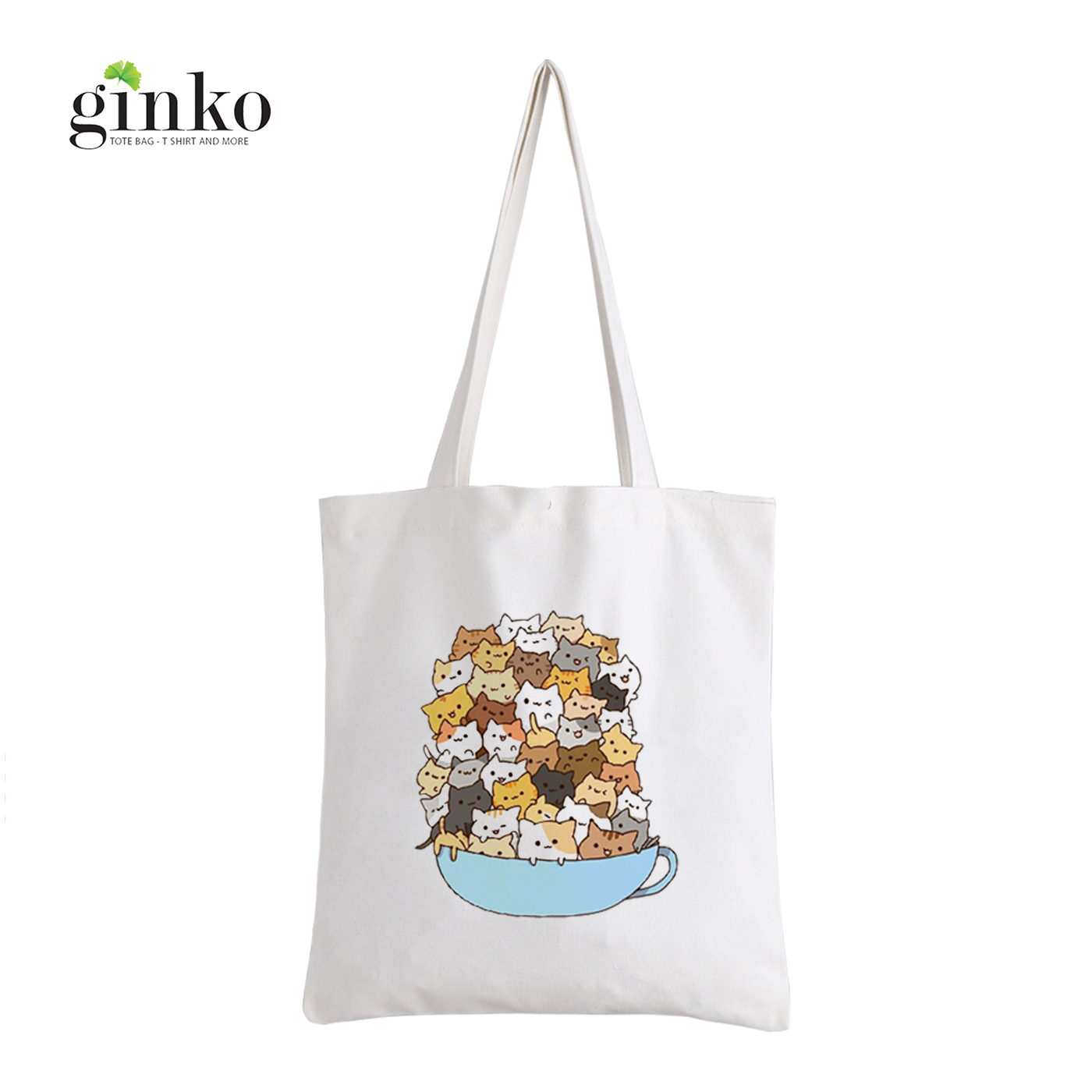 Túi Vải Tote GINKO Kiểu Basic Dây Kéo In Hình Kittens In The Cup G59