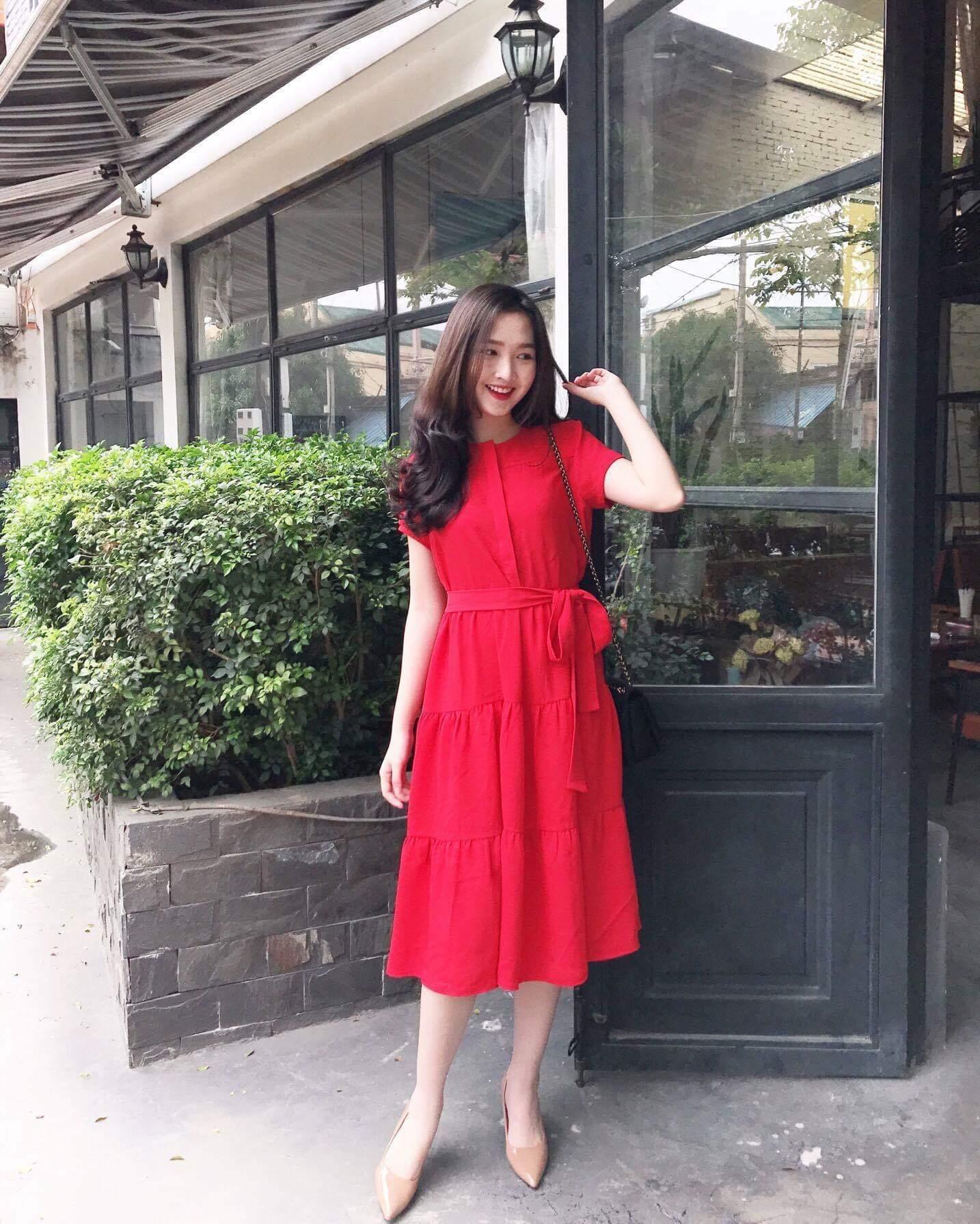 Đầm nữ dạng tầng cột nơ ở eo chất kate lụa 4 màu hồng đỏ vàng trắng