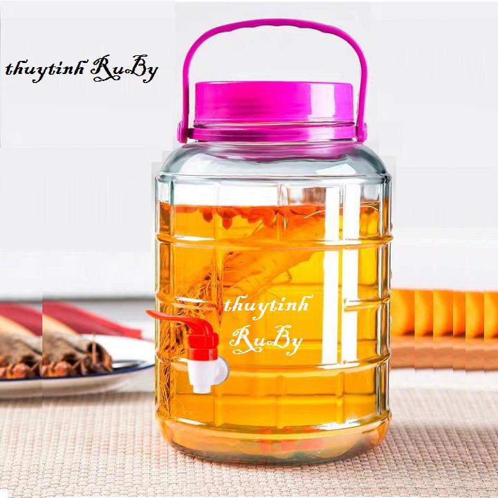Bình Thủy Tinh Quai Xách Ngâm Rượu 8 Lít (Có Vòi), Keo Ngâm Rượu Sang trọng, Hũ Ngâm Ruou, Bình Ngâm Trái Cây, Binh Sam, Hu Lo Ngam Nhan Sam