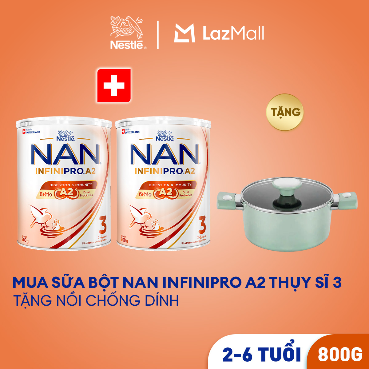 [Tặng Nồi chống dính elmich 18cm] Combo 2 lon Sữa bột Nestle NAN INFINIPRO A2 3 800g Cho Bé 2 - 6 Tuổi Có Đạm A2, 6HMO & Lợi Khuẩn Kép hỗ trợ tiêu hóa, đề kháng