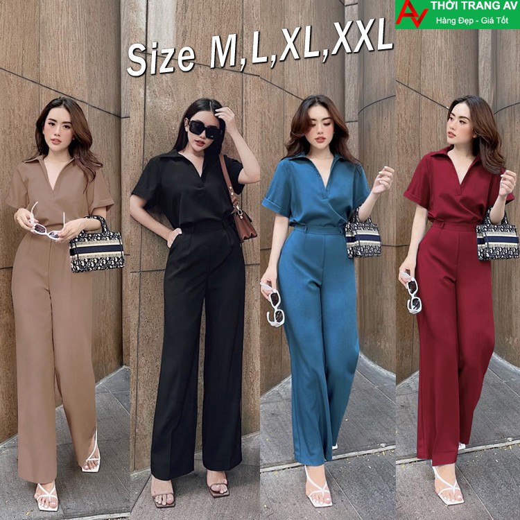 AV6565 - Bộ áo sơ mi cổ V và quần ống suông cực sang