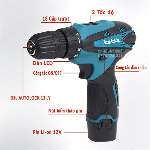Máy khoan pin đa năng Makita 12V - Tặng kèm 24 chi tiết gồm các mũi khoan + Mũi bắt vít