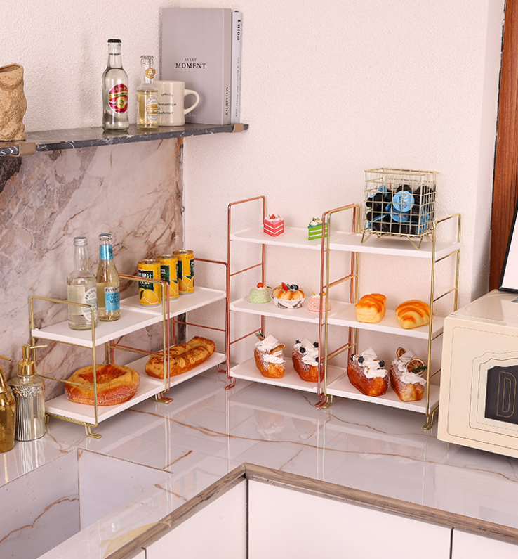 Kệ để đồ đa năng, giá đựng mỹ phẩm hai tầng, ba tầng viền vàng đồng phong cách sang trọng