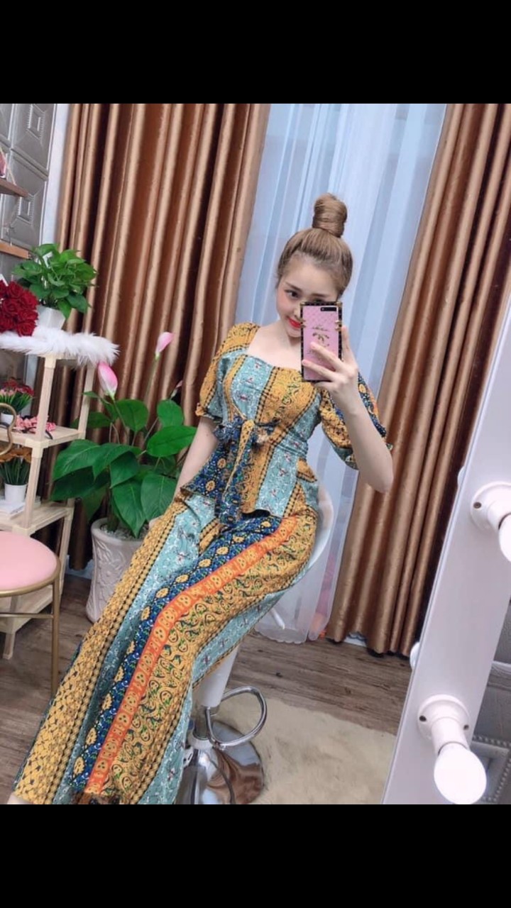 Set bộ nữ thổ cẩm áo cổ tim tay dài quần dài ống rộng #setbothocamtaydaiquanrong