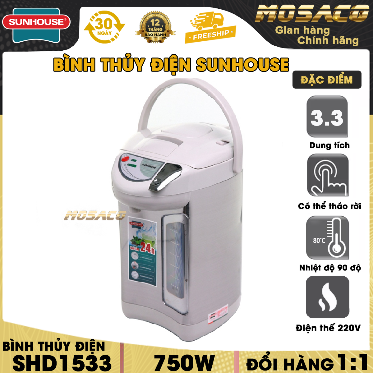 Bình thủy điện 3.3 L SUNHOUSE SHD1533 công suất 750 W. Bình thủy ruột bình được làm bằng inox304 cao cấp đảm bảo về độ an toàn, khả năng chống gỉ, bám cặn, đế bình có núm xoay, vỏ bình có một cột hiển thị mực nước - MOSACO
