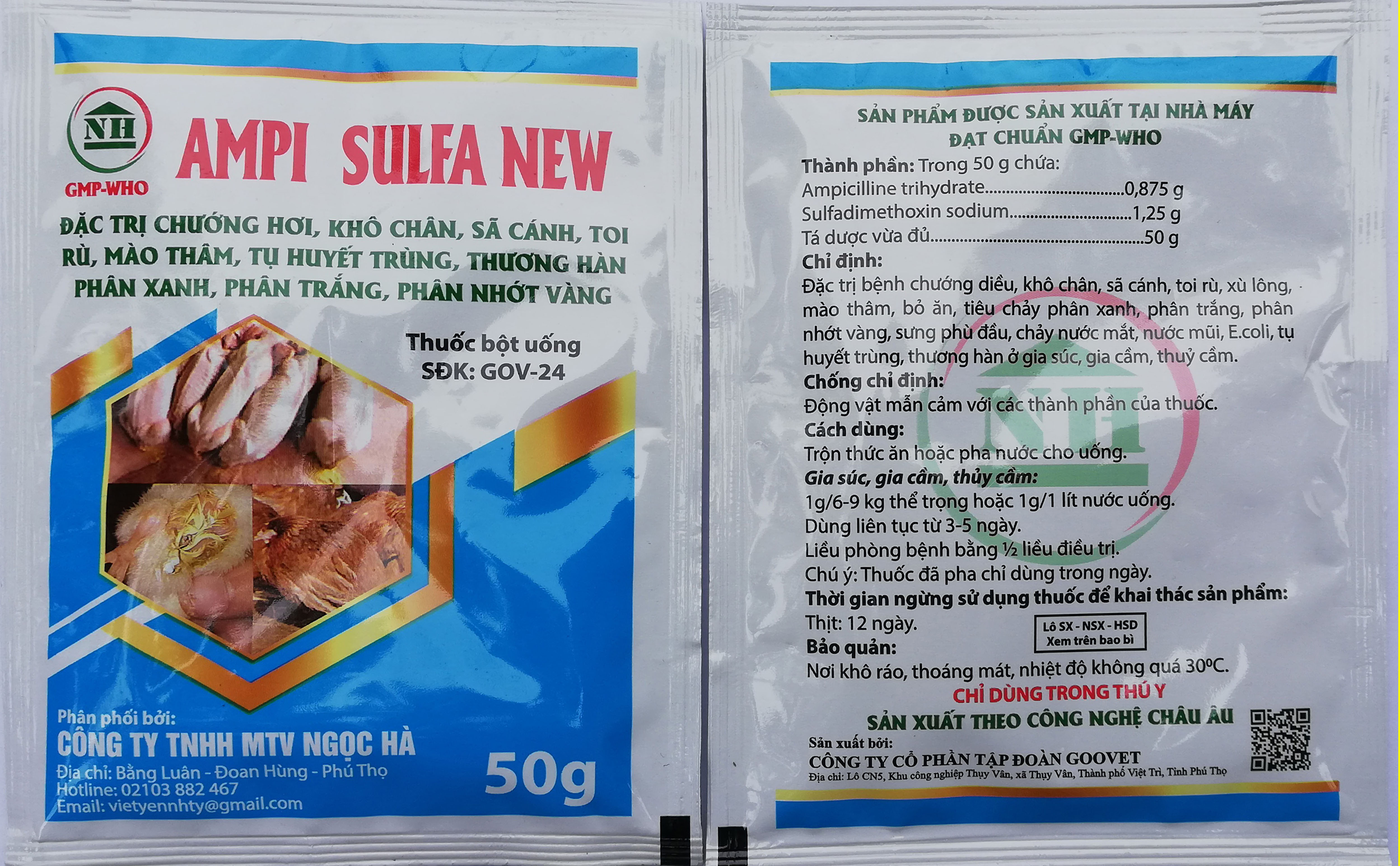 1 gói AMPI - SULFA NEW 50g nhãn Xanh Dùng cho Chướng diều, khô chân, sã cánh, toi rù mào thâm, tụ huyết trùng, thương hàn, phân xanh phân trắng, phân nhớt vàng