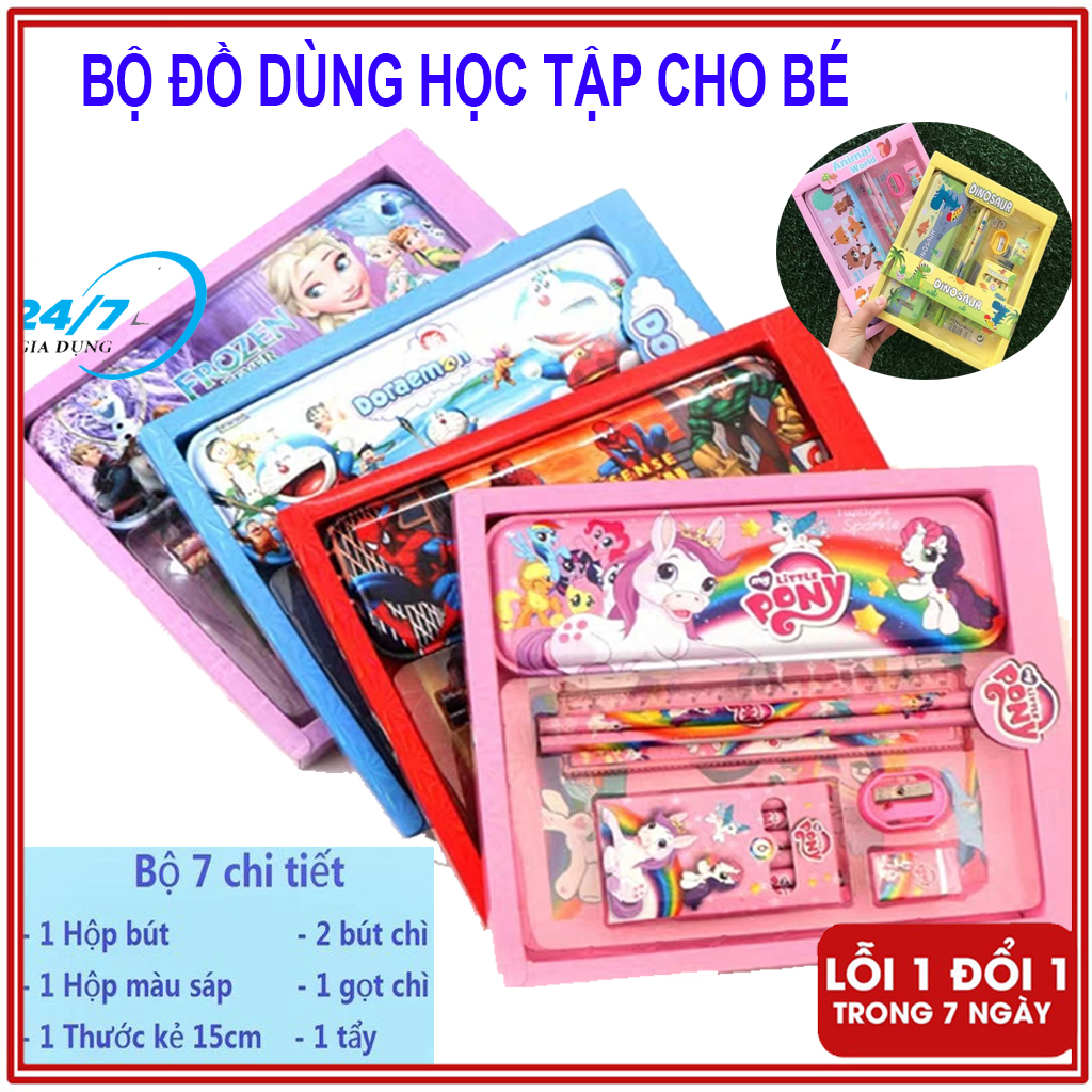 Bộ dụng cụ học tập, Bộ đồ dùng học tập 7 món kèm hộp quà lung linh chủ đề hoạt hình cho bé yêu, Bộ đồ dùng học tập 7 món cho học sinh tiểu học cực dễ thương, Bộ đồ dùng học tập cho bé trai, bé gái - Giadungbv247