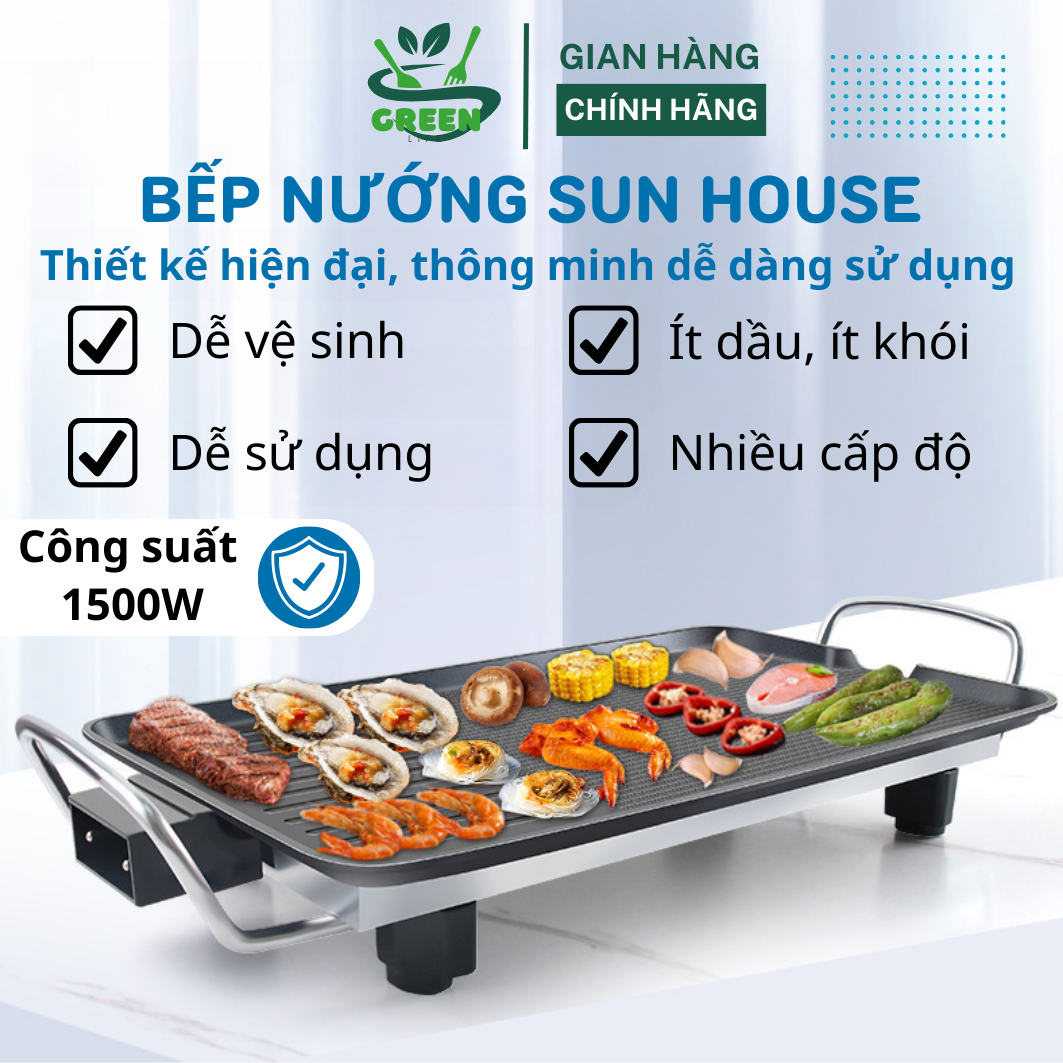 Bếp Nướng Điện Không Khói Sunhouse 6 Mức Nhiệt Công Suất 1500W Bề Mặt Tráng Men Chống Dính Bảo Hành 12 Tháng