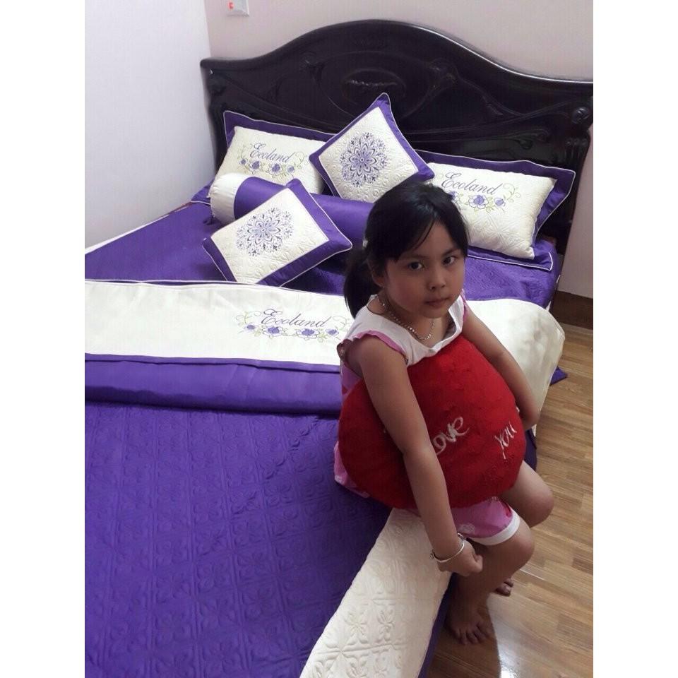 Set chăn ga gối chần thêu satin 7 món cao cấp Hasuko màu tím huế