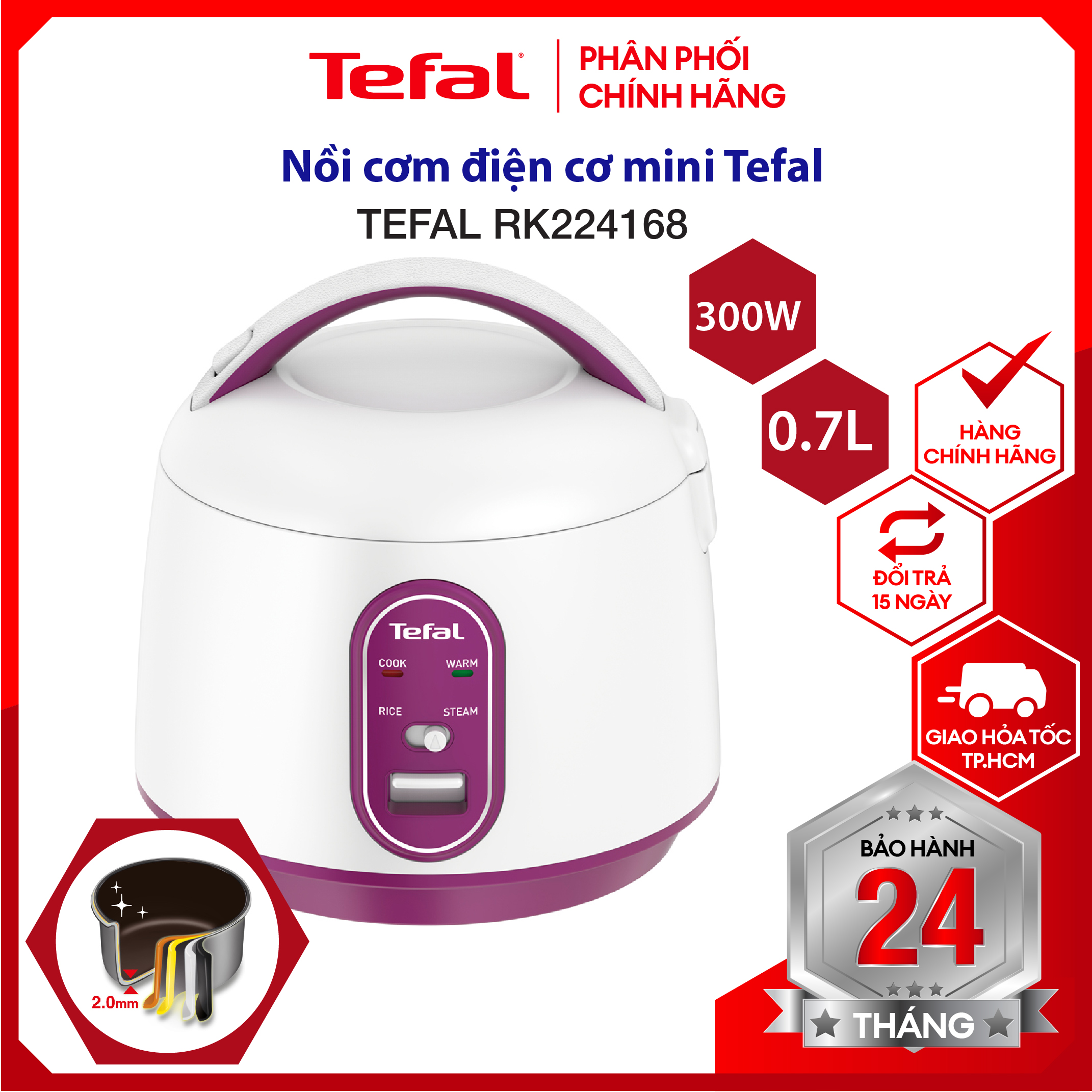 |HỎA TỐC 2H| Nồi cơm điện cơ mini, nồi cơm điện Tefal RK224168 - dung tích 0.7L, công suất 300W - lòng nồi 4 lớp, bảo hành 2 năm chính hãng