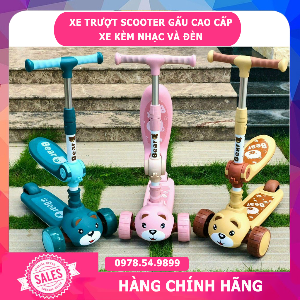 Xe trượt scooter cho bé, Xe chòi chân trẻ em cao cấp hình gấu