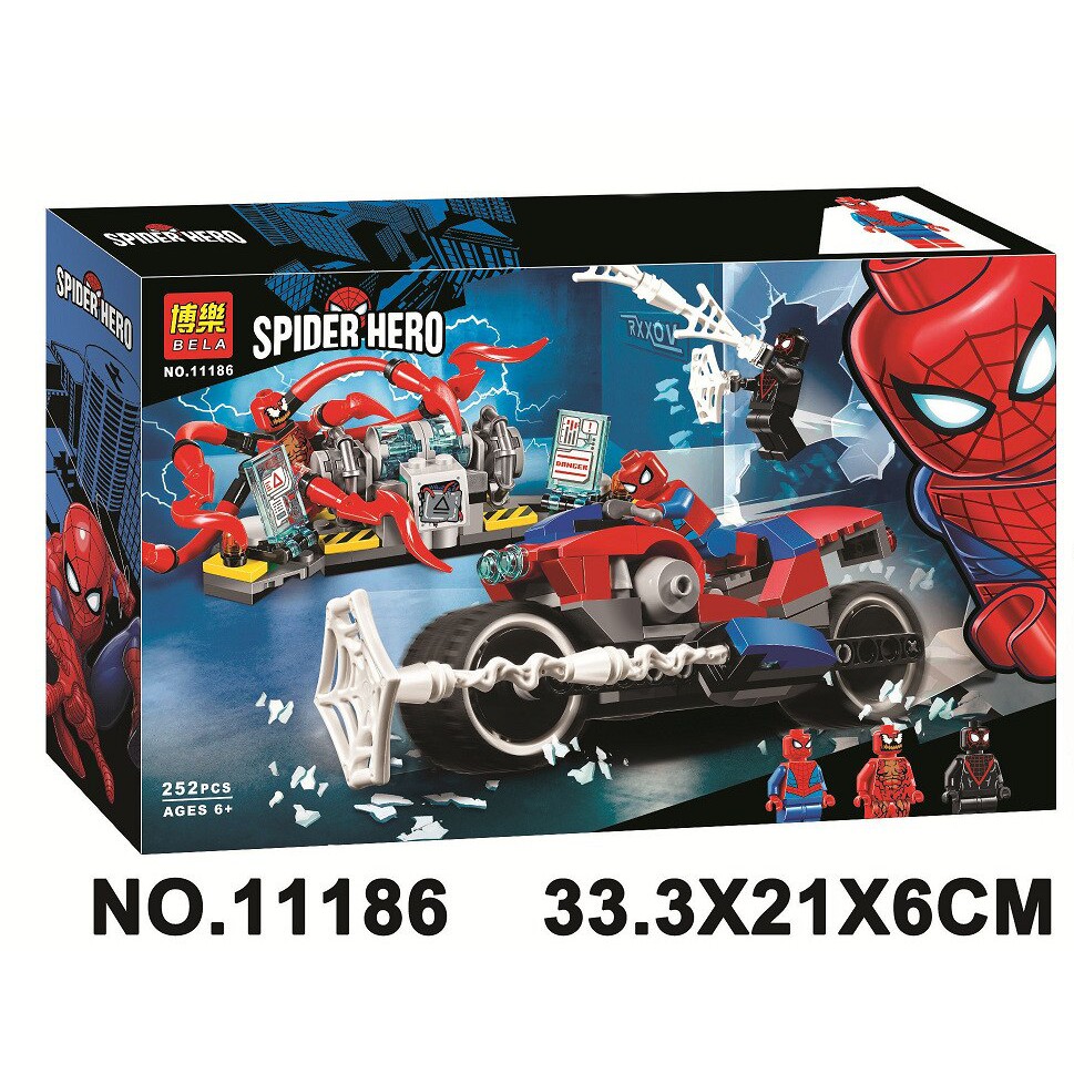 Lắp ráp xếp hình Non lego super heroes Bela 11186 : Người nhện minifigures nhân vật spiderman và xe moto 252 mảnh