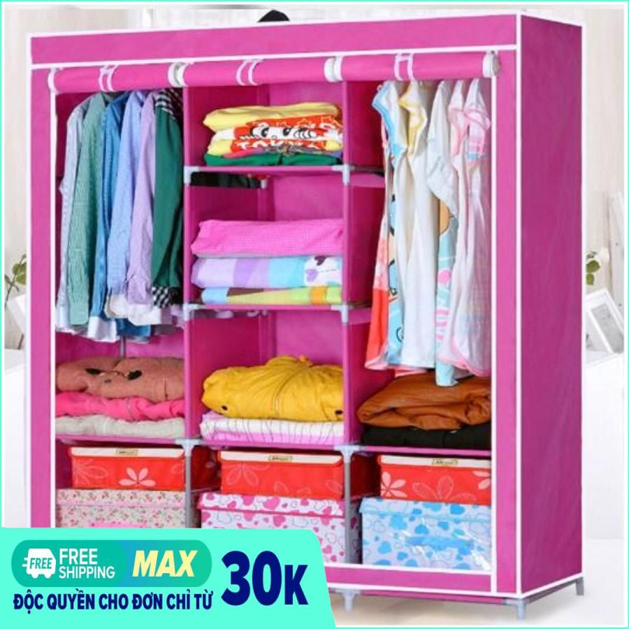 Tủ Đựng Quần Áo 3 Buồng 8 Ngăn Inox Bọc Vải Cao Cấp, Tủ vải quần áo cỡ đại 2 buồng quần áo (Hồng)