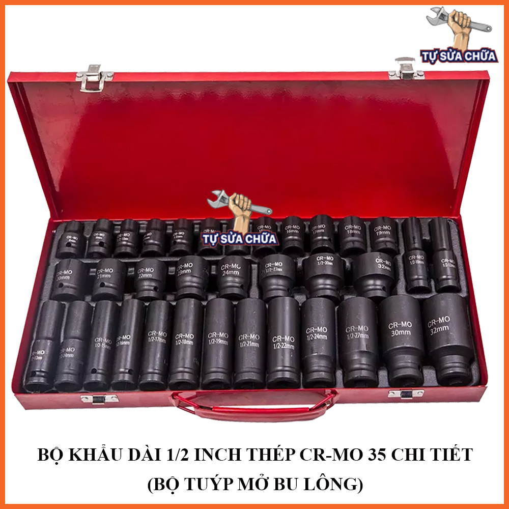 Bộ tuýp mở bu lông 1/2 inch đen thép CR-MO 35 chi tiết, bộ khẩu chuyên mở siết bulong thép đen siêu cứng đủ size