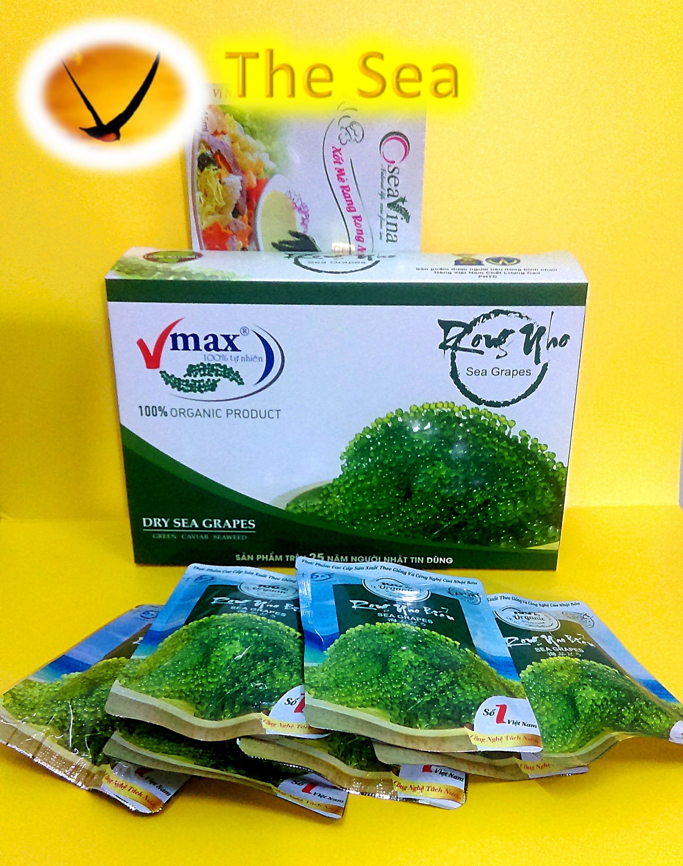 Rong nho khô Vmax hộp 220g 10 gói - rong nho biển tươi được sản xuất từ giống rong nho Nhật Bản -Tặng 1 gói nước sốt mè rang Kewpie 15ml