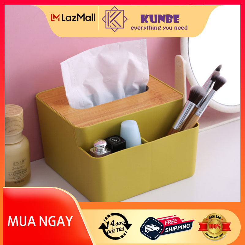 Hộp, Kệ Đựng Khăn Giấy Ăn Nắp Gỗ KUNBE Kèm 2 Ngăn Chứa Đồ Đa Năng Tiện Lợi