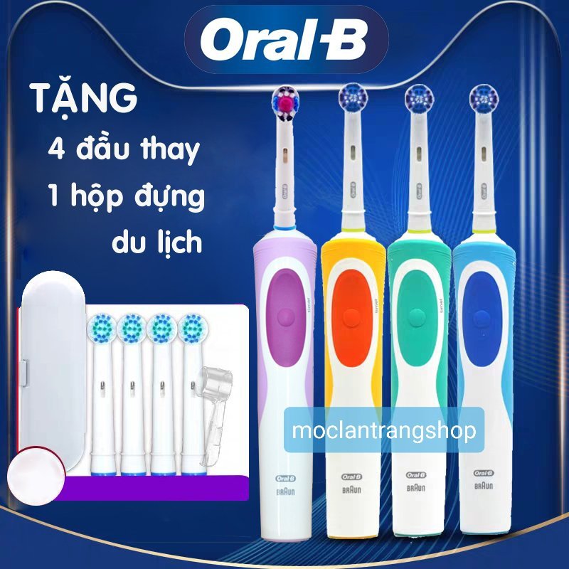 Bàn chải điện, Máy đánh răng Oral B chính hãng, tặng 4 đầu thay và hộp đựng du lịch. Đầu thay bàn chả