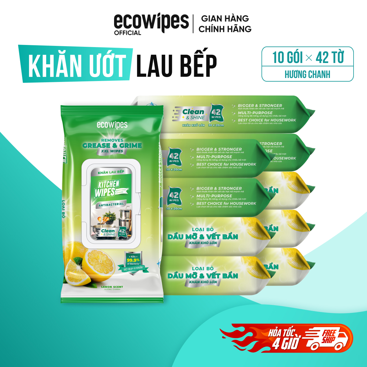 Combo 10 gói khăn giấy ướt lau bếp cao cấp Ecowipes gói 42 tờ size cực lớn 20x30cm hương chanh khử mùi kháng khuẩn