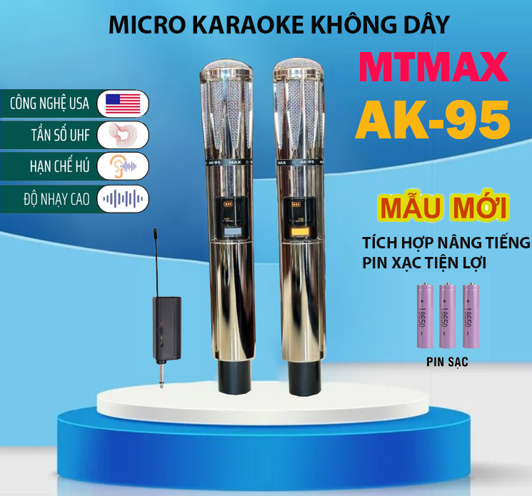 Bộ Micro Không Dây Đa Năng AK95 Thiết Kế Hiện Đại Đẹp Mắt Tích Hợp Pin Xạc Chất Liệu Kim Loại Sóng UHF Chống Hú Cực Tốt Âm Thanh Mượt Mà Bắt Sóng 30M Chuyên Dùng Cho Loa Kéo Vang Amply