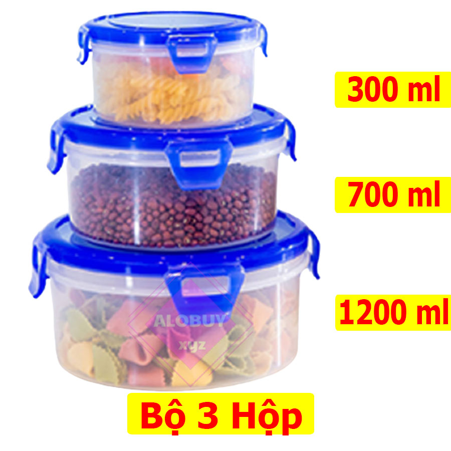 Bộ 3 hộp nhựa đựng thực phẩm tròn cao cấp có khóa 4 cạnh chắc chắn, dung tích 300ml, 700ml, 1200ml- HCC010203