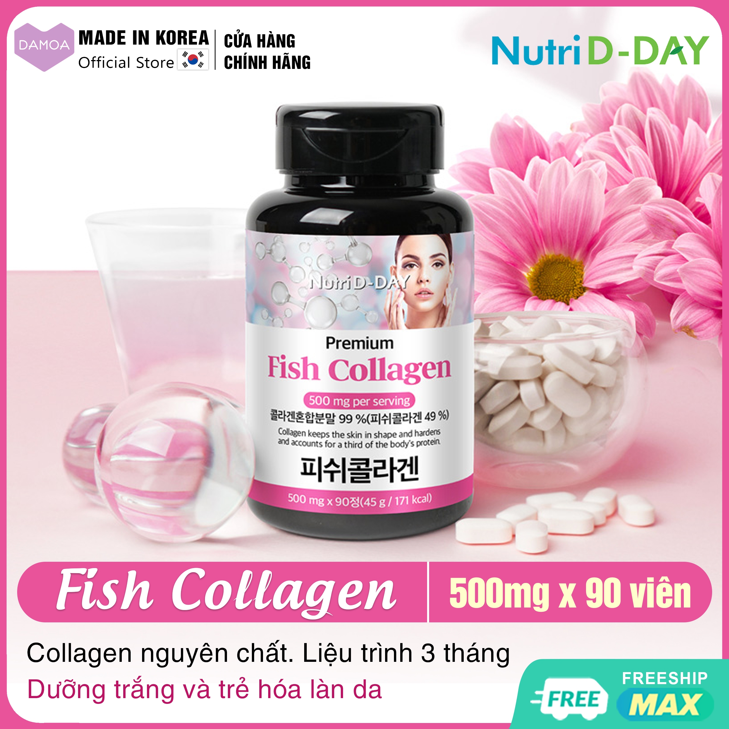 Lọ 90 Viên Fish Collagen Premium Nutri D-Day Dưỡng trắng, Trẻ hóa da, Chống lão hóa Hàn Quốc (Liệu trình 3 tháng)