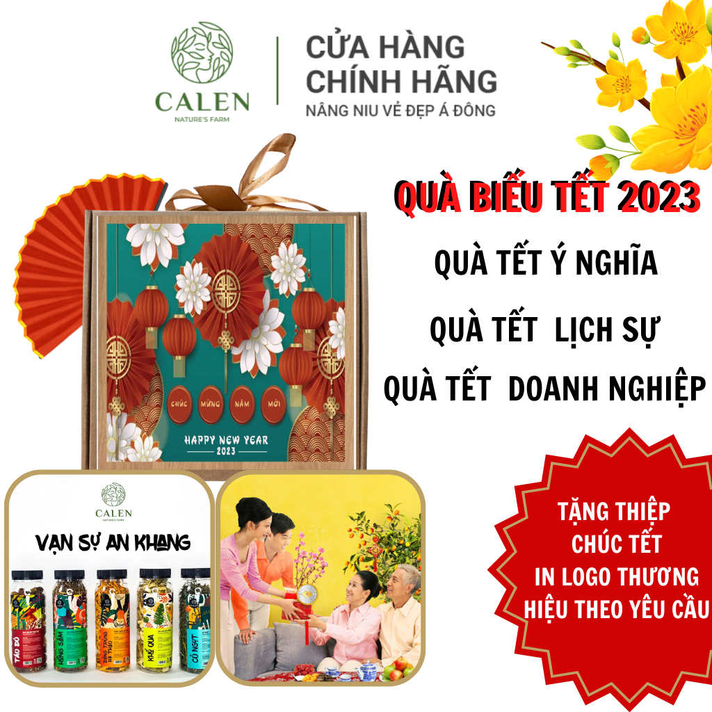 Quà tết cho đối tác 2024, set quà trà hoa thảo mộc gồm trà đông trùng hạ thảo, trà cỏ ngọt , trà táo đỏ, trà khổ qua, trà hồng sâm sơn mật Calen Nature Farm