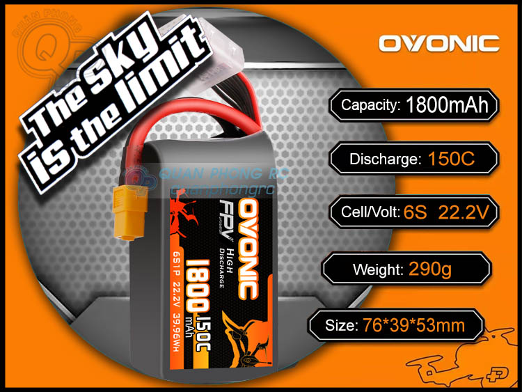 Pin Ovonic FPV 1800mAh 6S 150C 22.2V LiPo Battery XT60 Plug Dành cho máy bay điều khiển