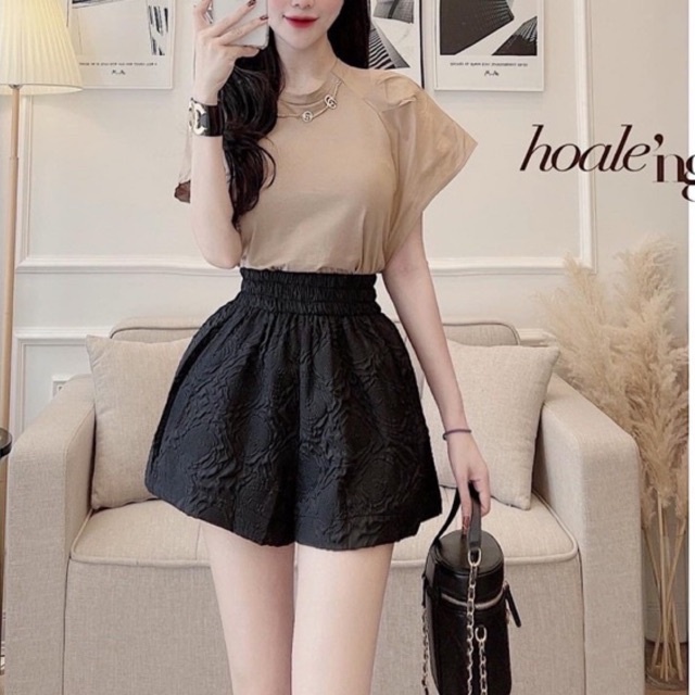 Quần đùi phồng dập hoa nổi tacta, Quần short có túi 2 bên cạp chun