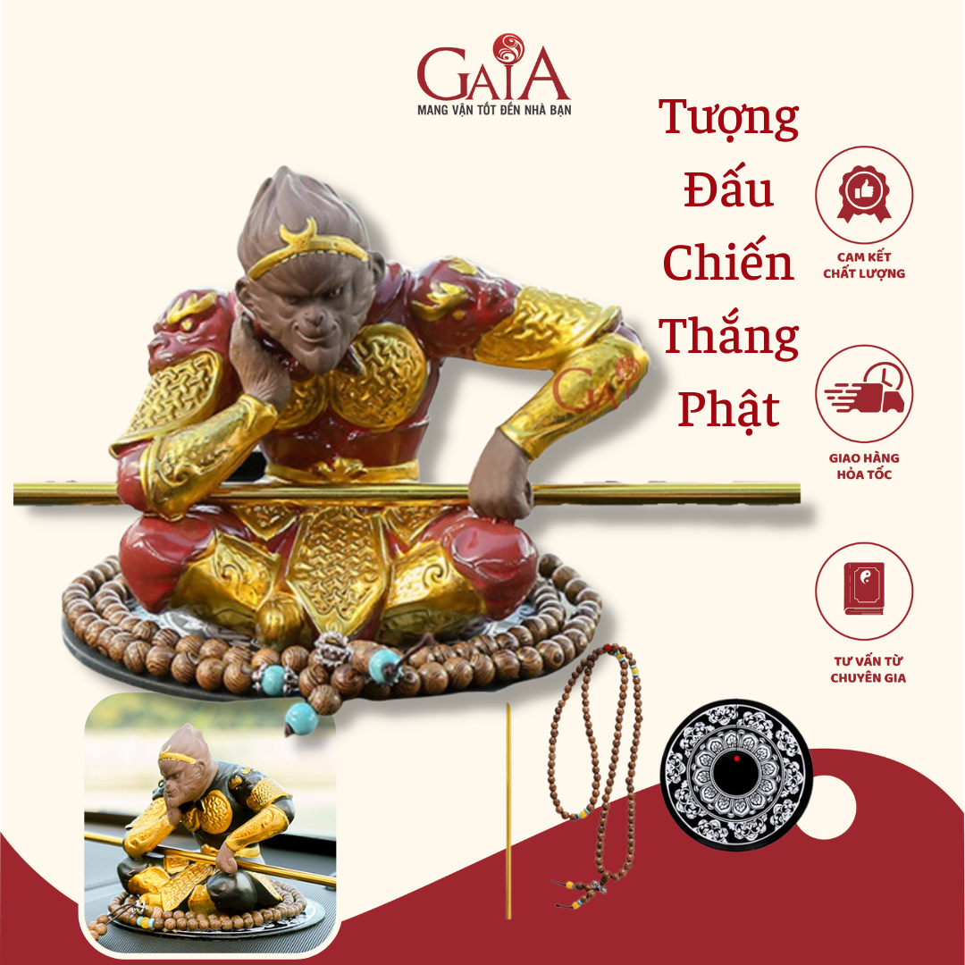 Tượng đấu chiến thắng phật - tượng tôn ngộ không kèm đế dán oto, chuỗi hạt và gậy thiết bảng