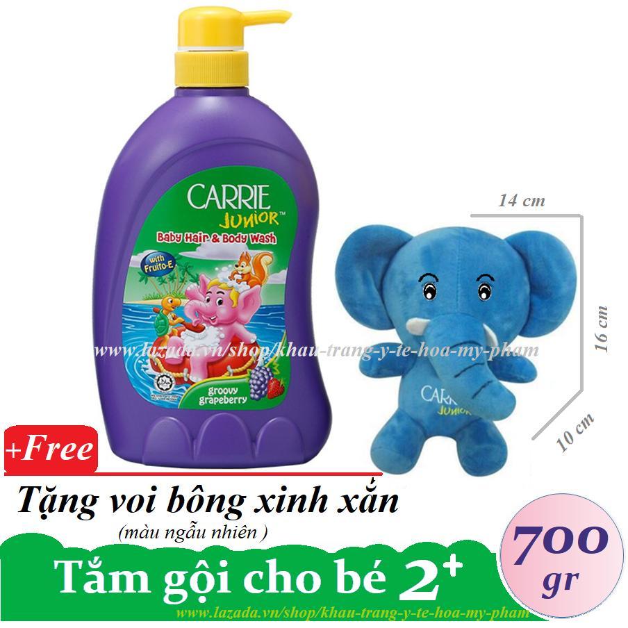 [HCM]CARRIE JUNIOR-Tắm gội toàn thân cho bé hương Grapeberry ( Nho + Dâu ) 700 gr + Tặng voi bông ( màu ngẫu nhiên xanh/ hồng )