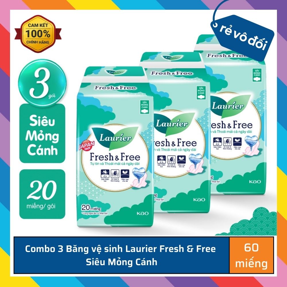 Combo 3 băng vệ sinh laurier fresh & free siêu mỏng gói 20 miếng - nhật bản