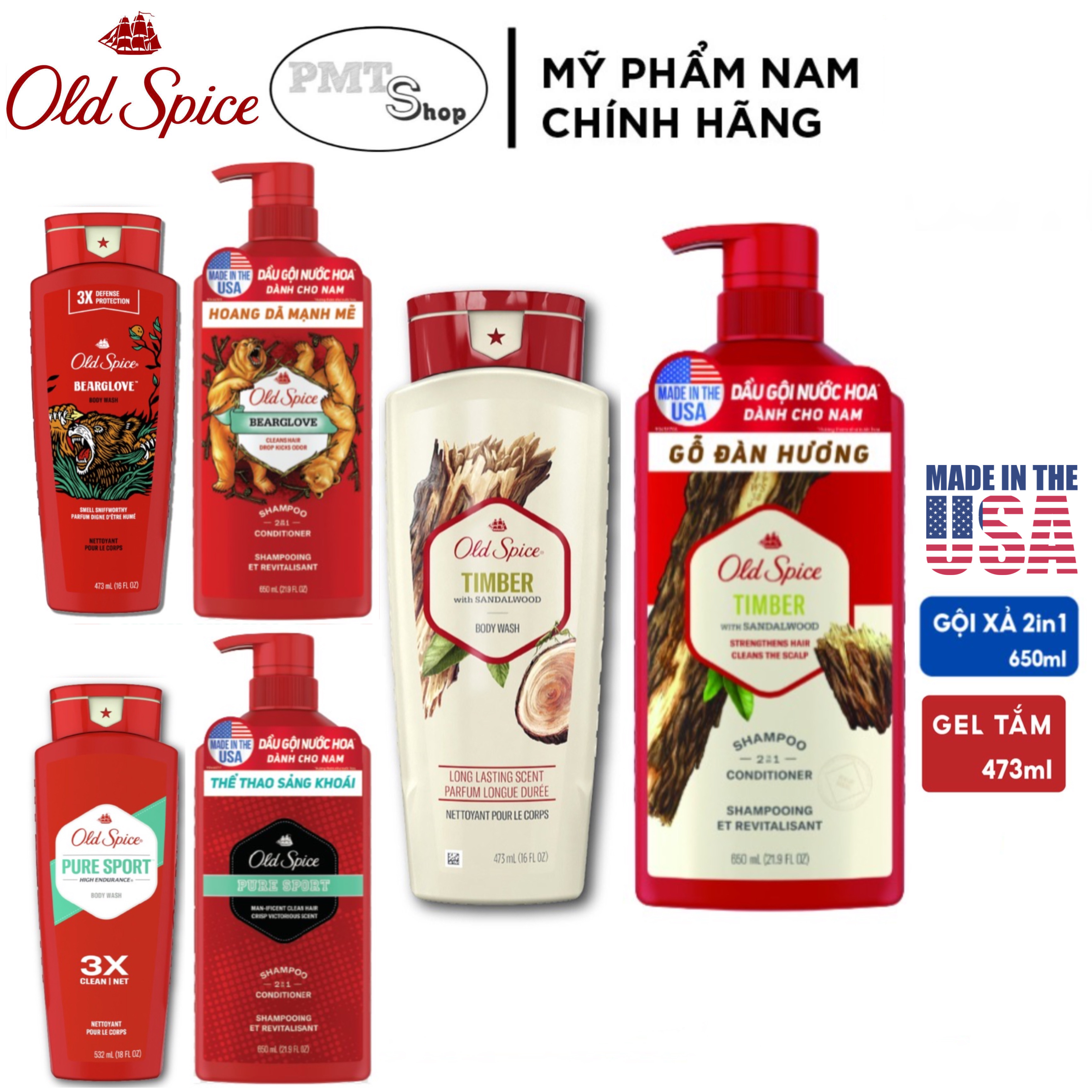 (NK Mỹ) Combo Old Spice gồm Dầu gội xả 2in1 650ml + Gel tắm 473ml 532ml Timber / Bearglove / Pure Sport