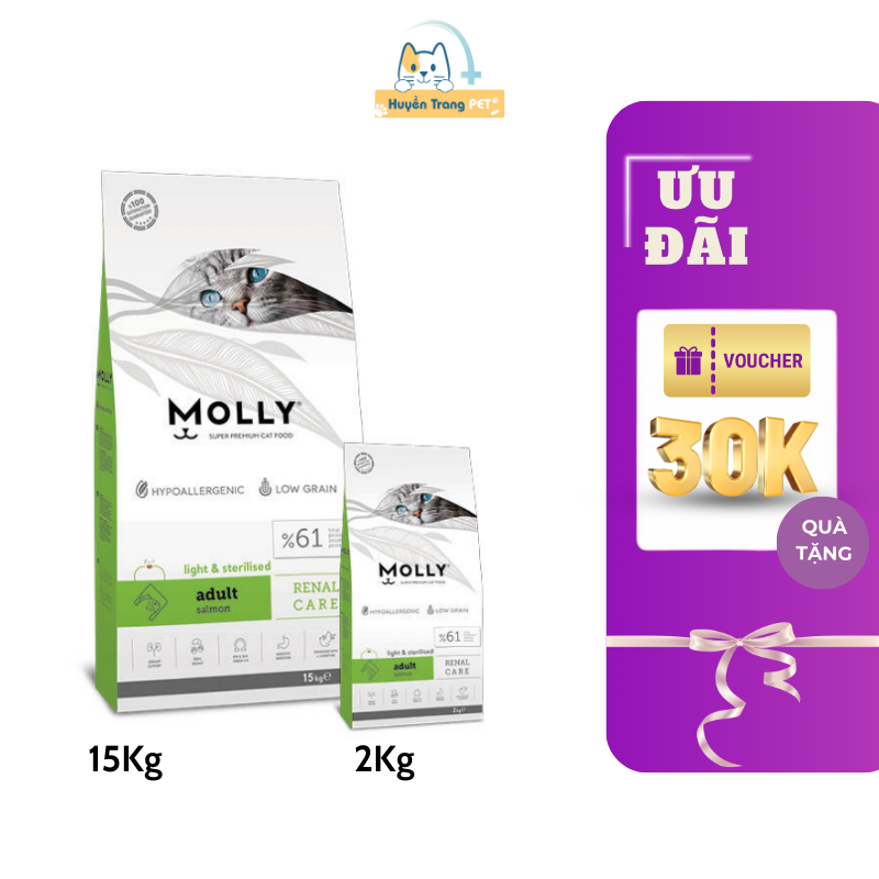 Thức ăn hạt cho mèo trưởng thành lười uống nước, giảm sỏi thận, vị cá hồi Molly Renal Care Light