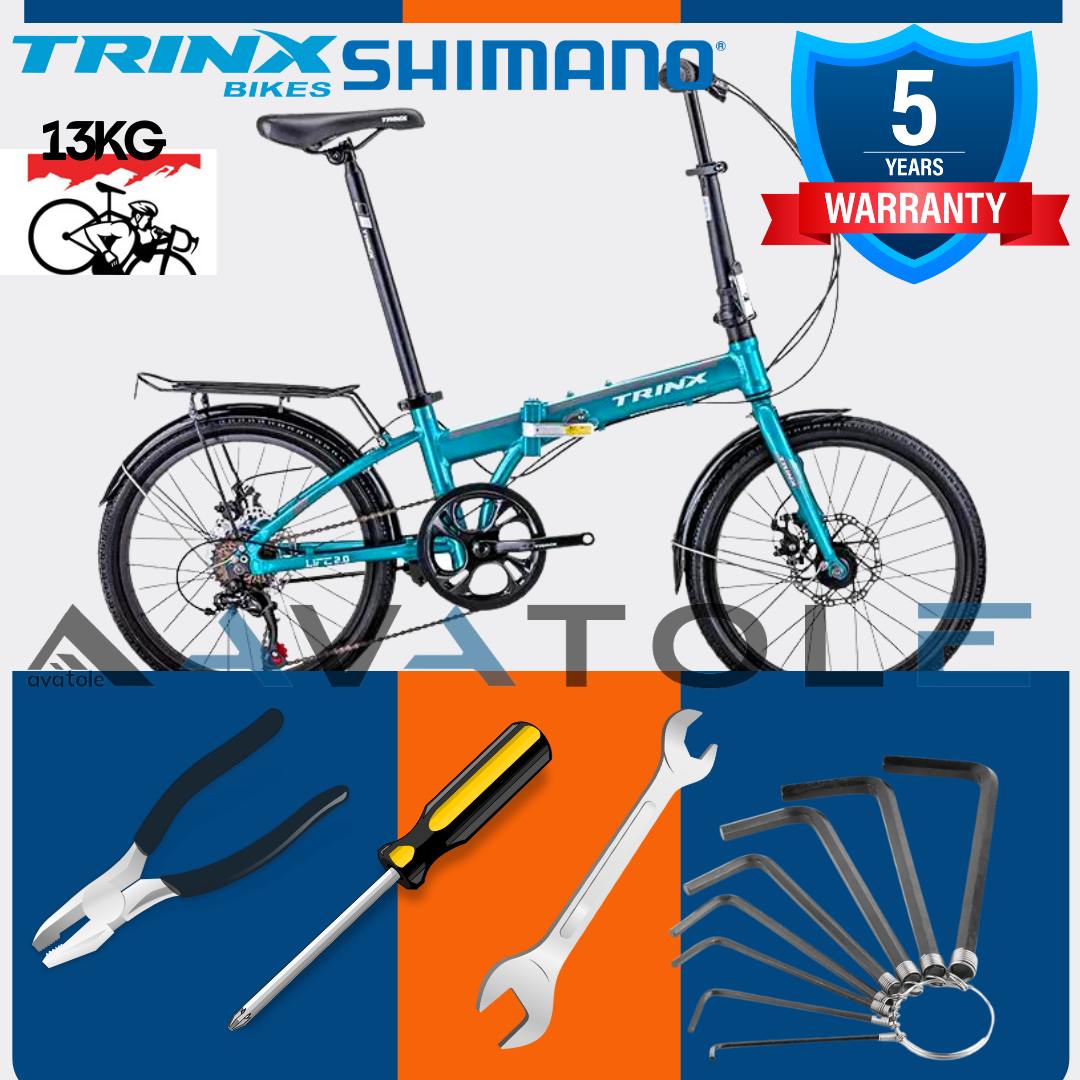 Xe đạp gấp TrinX Life 2.0, Khung sườn hợp kim nhôm cao cấp Alloy 20"X283mm, Trọng lượng 13kg, Bộ truyền động Shimano 7 Tốc độ, Vòng bánh 20in, Dành cho bạn cao từ 1m35, Màu Trắng Xám Lục Lam
