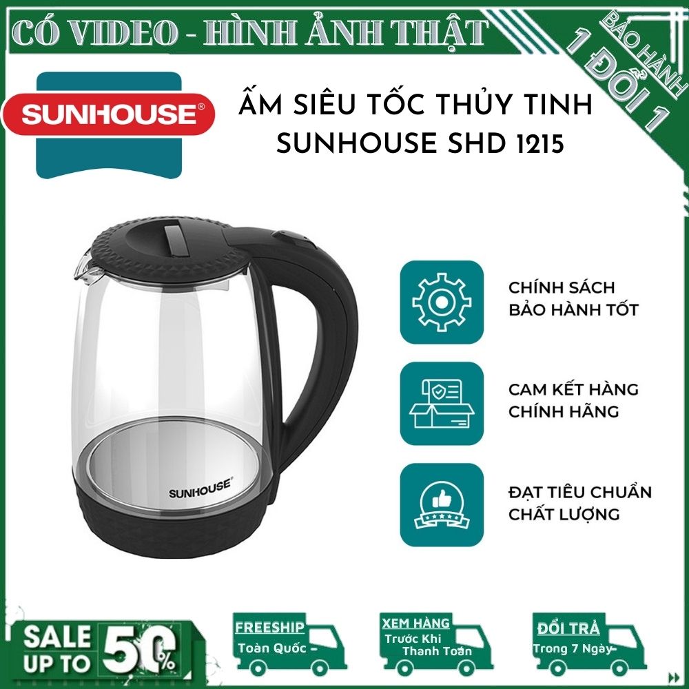 Ấm đun nước siêu tốc thủy tinh Sunhouse SHD1215 - Thủy tinh trong suốt an toàn sức khỏe - Công suất 1500W - Đế xoay 360 Độ - Bình siêu tốc thủy tinh Sunhouse , Ấm Siêu Tốc Thủy Tinh Sunhouse , bình đun nước siêu tốc