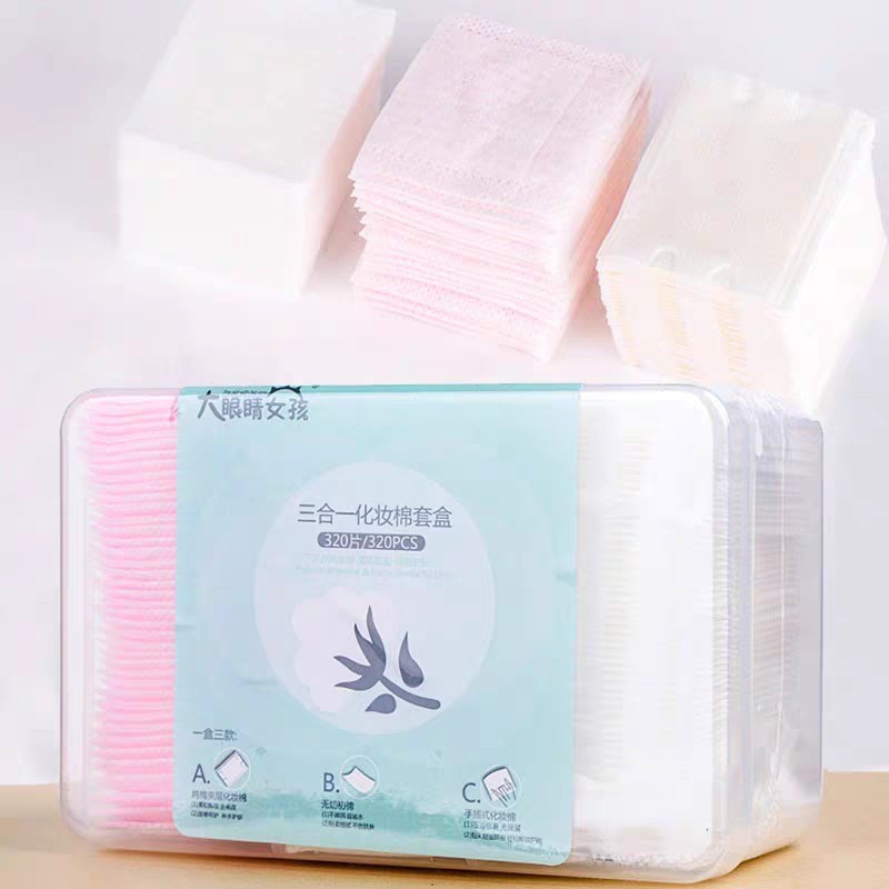 [HCM][320 miếng] Bông tẩy trang hộp nhựa 320 miếng - 100% cotton mềm mịn 3 in 1 - Hộp bông tẩy trang