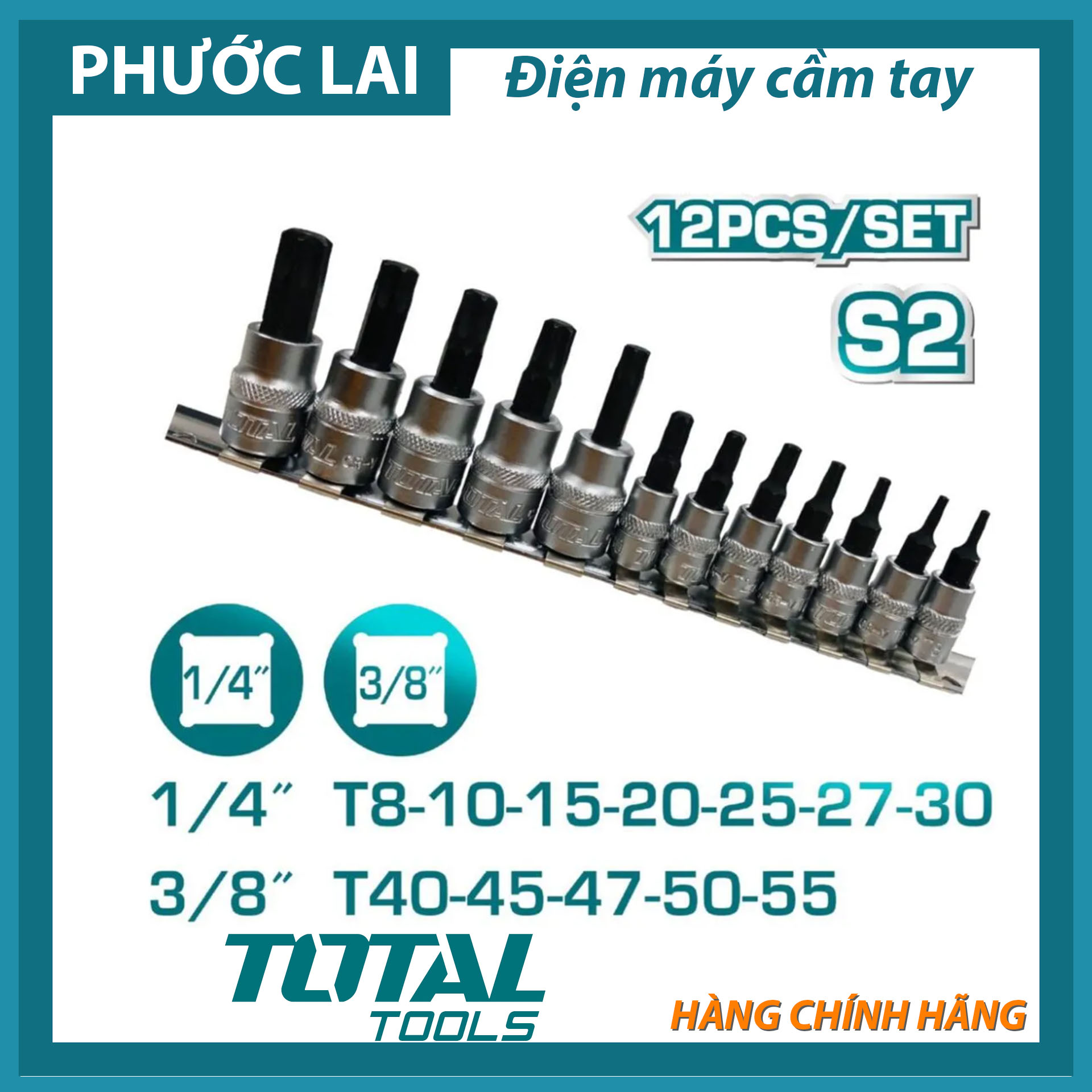 Bộ 12 đầu tuýp lục giác bông sao chân tuýp 1/4 và 3/8 total tht1438121