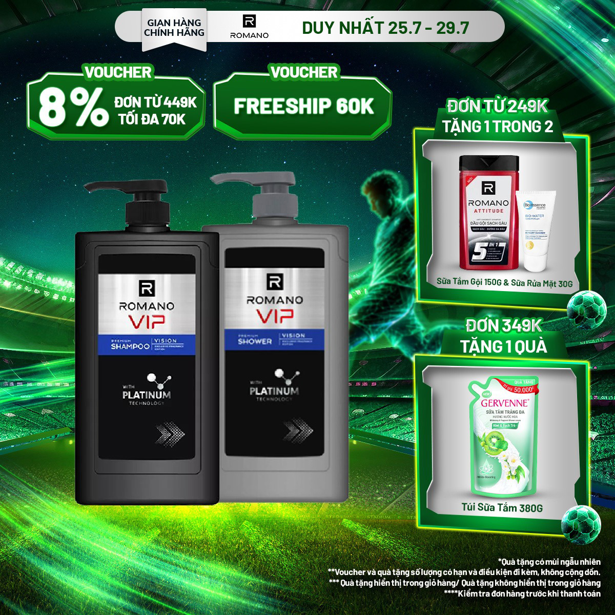 Combo Dầu gội và Sữa tắm cao cấp Romano VIP Vision sang trọng cuốn hút/ Vip Passion mạnh mẽ cuốn hút 650g/chai