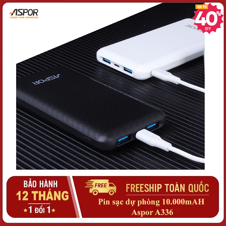 Pin sạc dự phòng Polymer 10.000mAh Aspor A336 - Sạc dự phòng chính hãng giá rẻ - Pin sạc dự phòng dung lượng công suất cao sạc nhanh - Hàng chính hãng