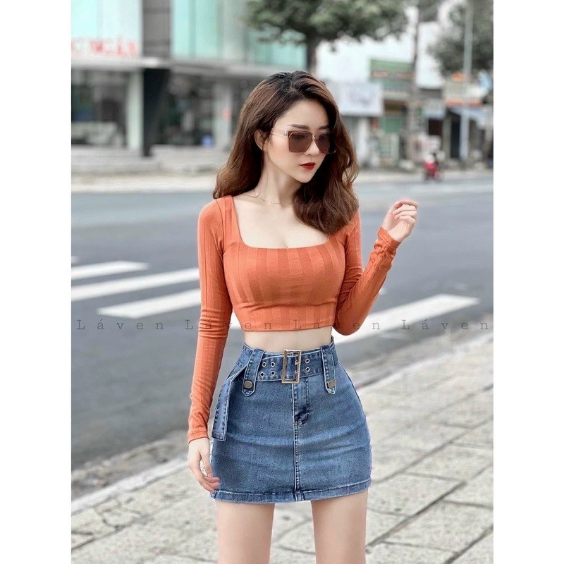 Chân váy jean ngắn lưng cạp cao phong cách thời trang cho nữ