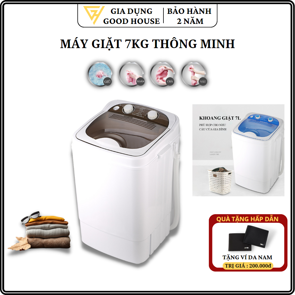 Máy giặt mini dung tich 7kg thùng đơn nắp trên bán tự động giặt tic UV diệt khuẩn giặt nhanh sạch không tốn diện tích trong nhà, Bảo hành 2 năm, lỗi đổi mới trong 7 ngày nếu có lỗi từ nhà sản xuất.