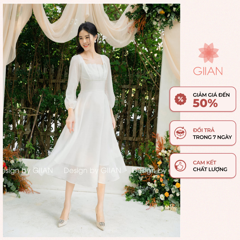 Váy trắng dáng dài xoè dự tiệc GIIAN, đầm công chúa cổ vuông đính ngọc tay bồng - VA0136