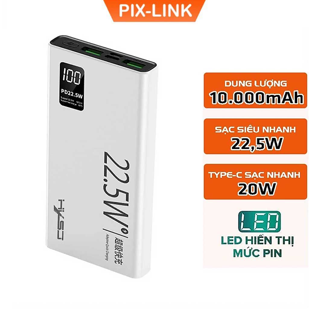 Pin Sạc Dự Phòng 10.000mAh PIXLINK K7 - 2 Cổng sạc siêu nhanh 22.5W, Type-C 20W, Kích Thước Mỏng và Nhẹ