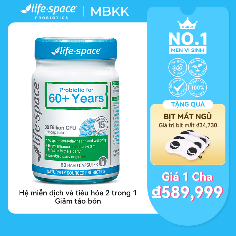 Men vi sinh Úc hỗ trợ tiêu hóa dành cho người lớn tuổi Life Space 60+ Probiotic 60 viên