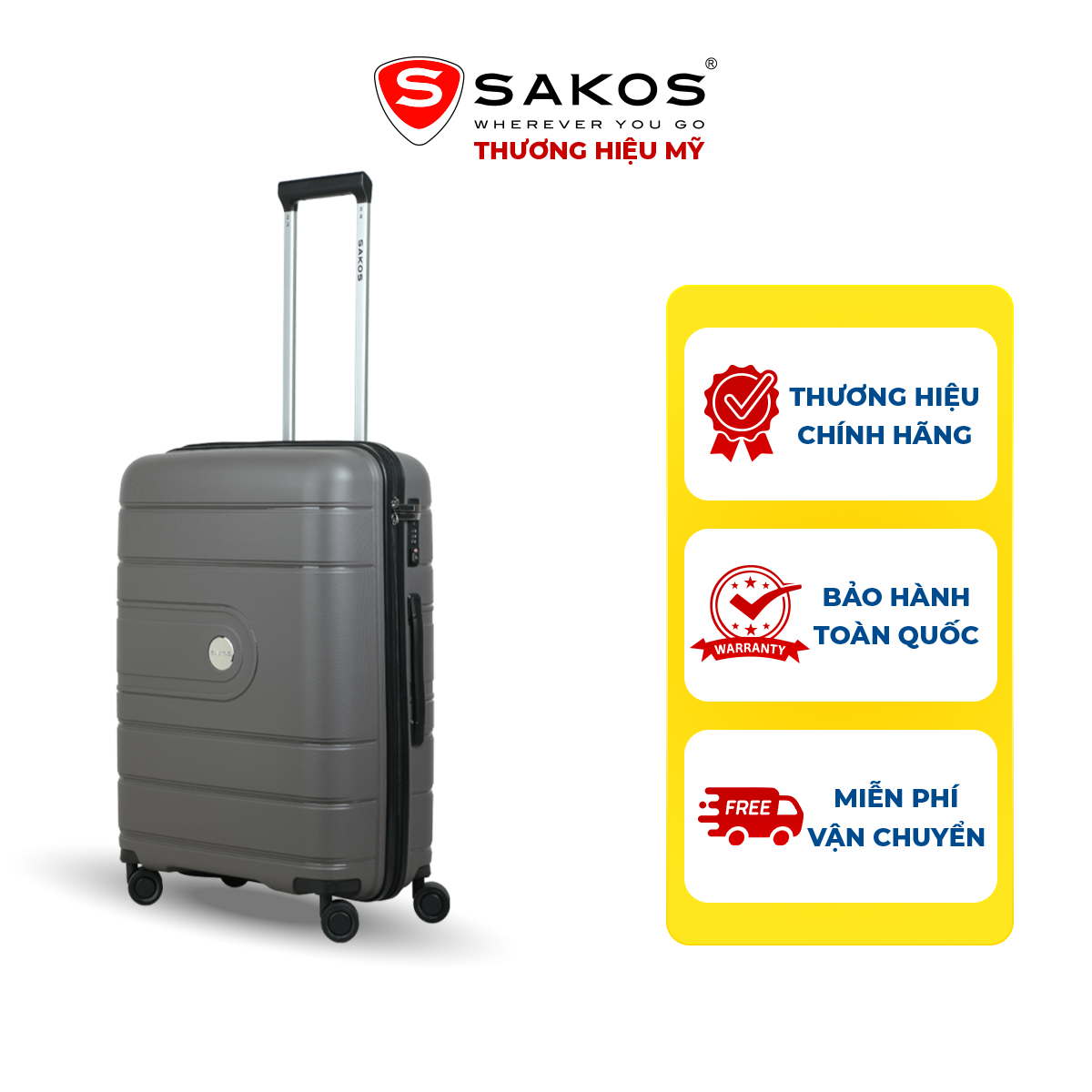 Vali du lịch nhựa cao cấp SAKOS PARALLE  - Chất Liệu PP Chống Va Đập,  Khóa TSA Bảo Mật Cao.